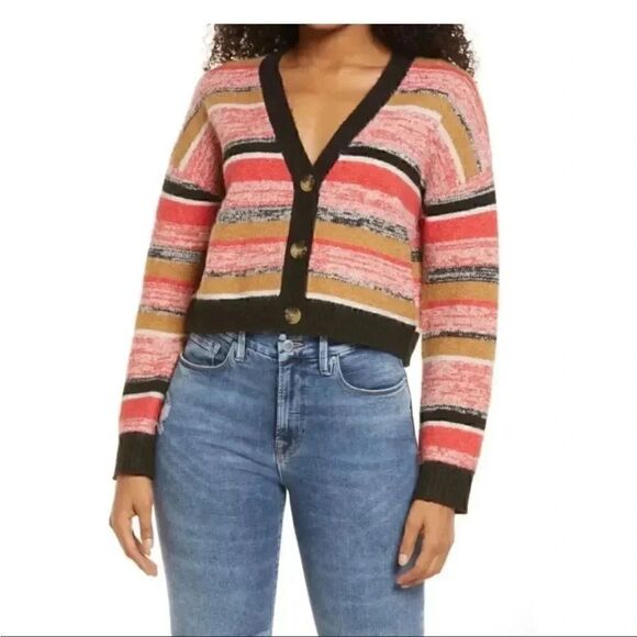 BP BLACK MARL STRIPE Button Down Red Black V-Neck Crop Cardigan Sweater XS - Picture 1 of 16